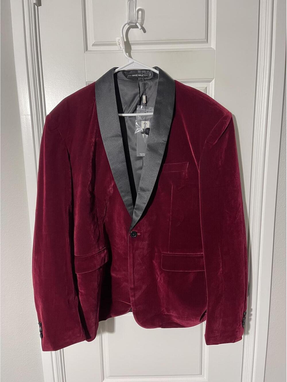 Mage Male Suits for Men Size LG Burgundy Red Velvet Shawl Lapel 2 Pieces M384